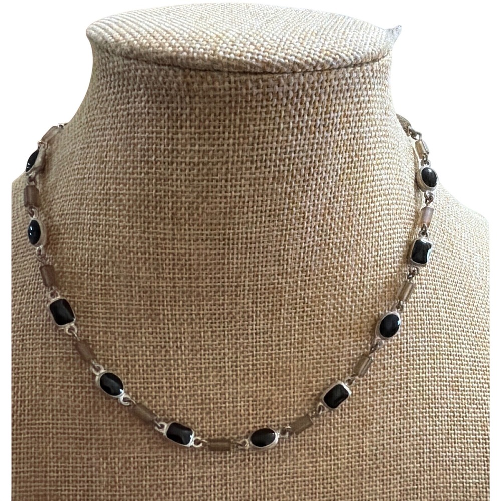 Silver Tone Black Cabochon Oval Rectangle Stone Necklace Smoky Beads Elegant